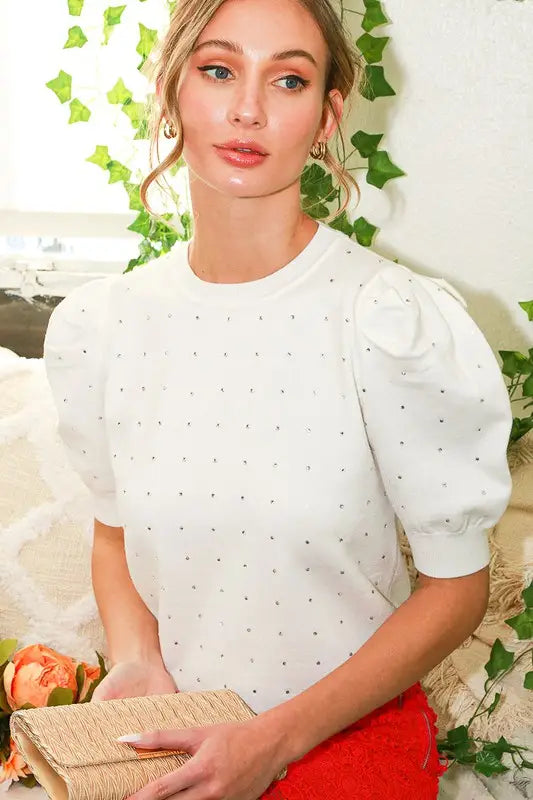 VINE PUFF SLEEVE RHINESTONE SWEATER