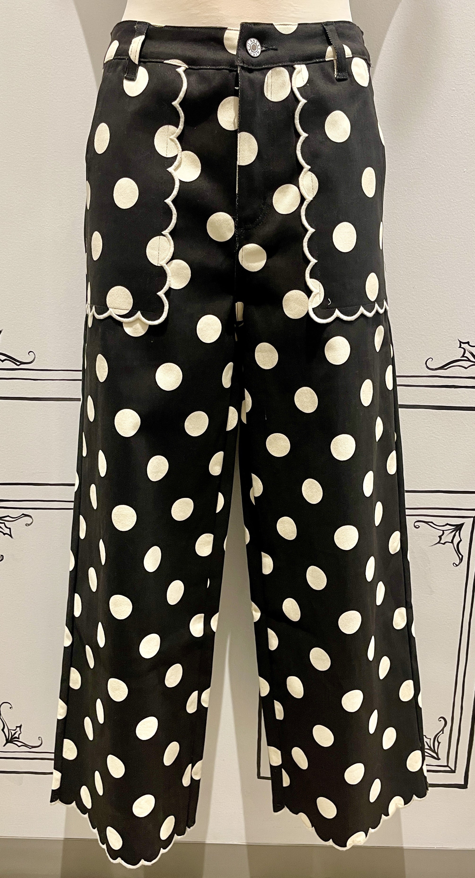WIDE LEG ALL OVER DOT SCALLOP EDGE PANTS