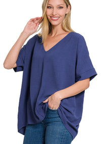 WOVEN V NECK DOLMAN SHORT SLEEVE TOP