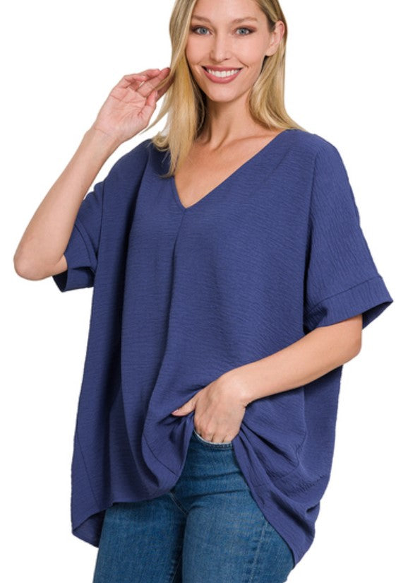 WOVEN V NECK DOLMAN SHORT SLEEVE TOP
