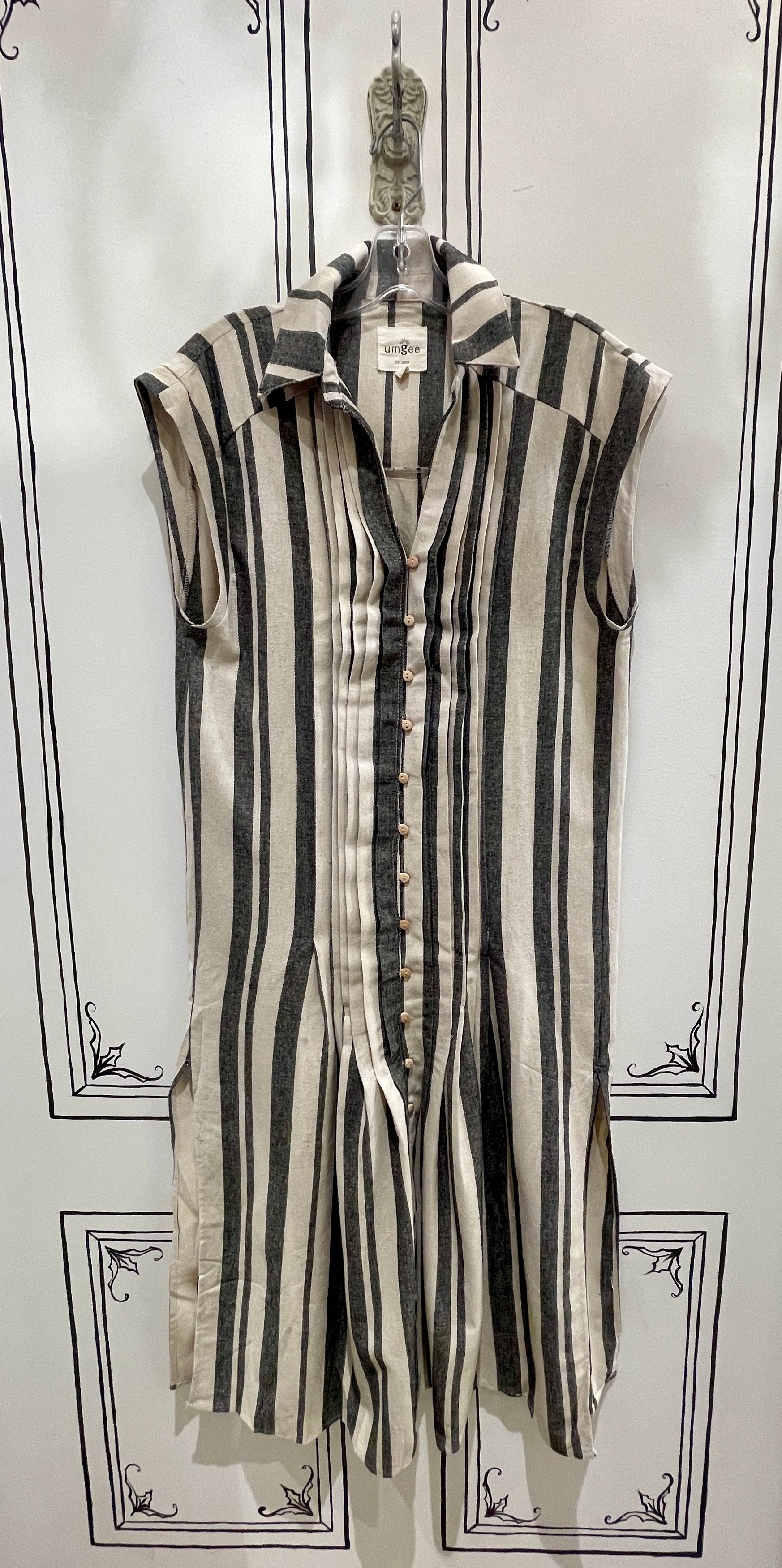 PINTUCKED STRIPE MIDI DRESS