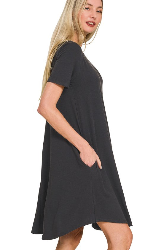 SHORT SLEEVE ROUND HEM A LINE DRESS WITH POCKETS