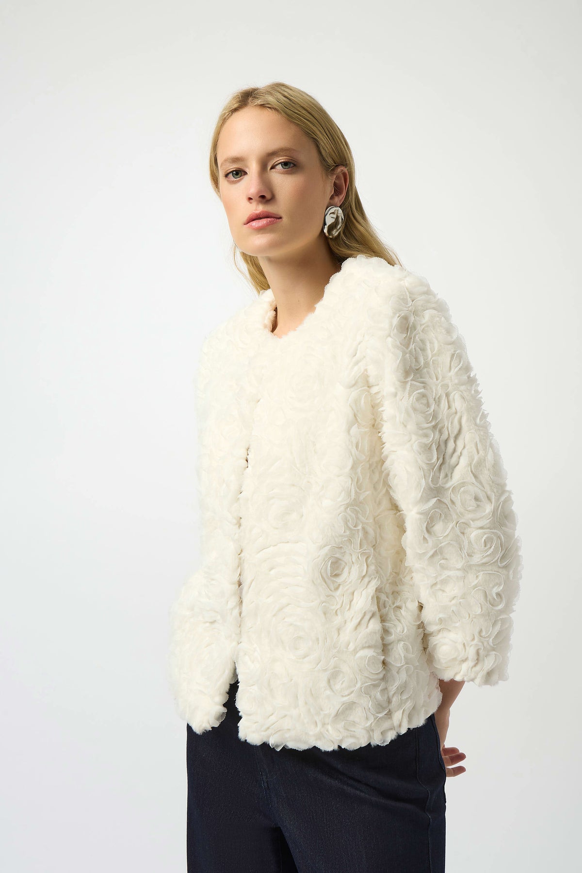 JOSEPH RIBKOFF EMBROIDERED FAUX FUR COLLARLESS JACKET