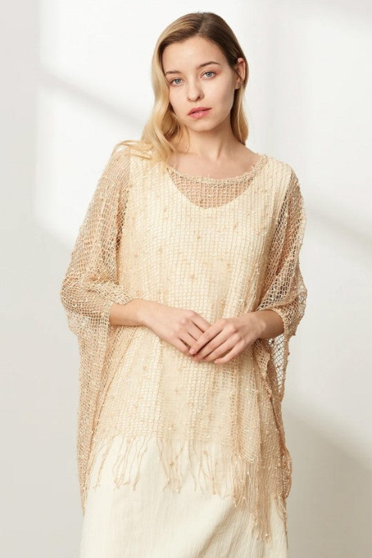 CROCHET KNIT SLEEVED PONCHO W/FRINGE