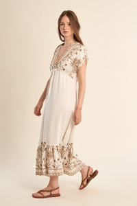 MOLLY DRESS LONG EMBROIDERED FLUTTER SLV