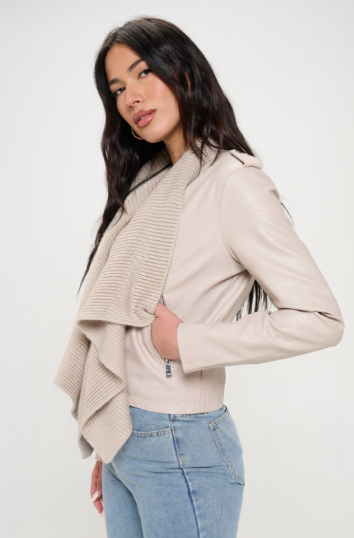 KNIT FRONT FAUX LEATHER JACKET