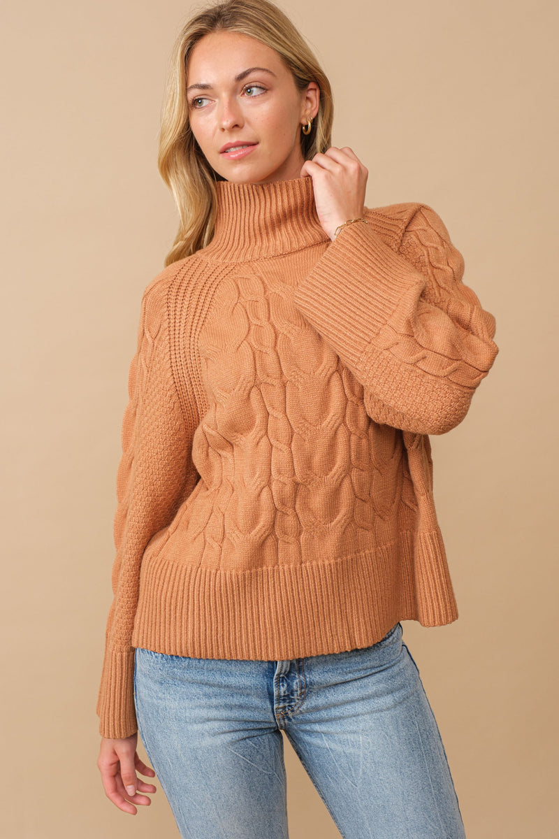 WIDE SLEEVE CABLE KNIT SWEATER