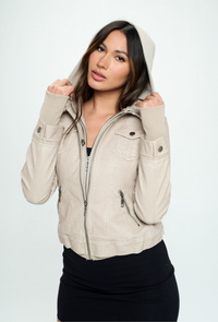 HOODED FAUX LEATHER JACKET