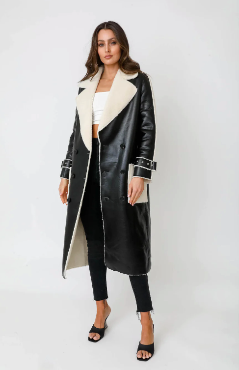 REVERSIBLE FAUX LEATHER SHERPA COAT